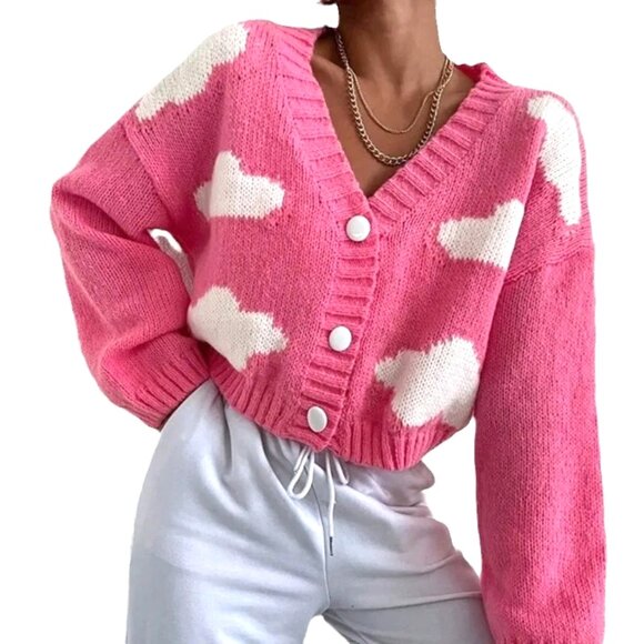 ONE SIZE HOT PINK CROPPED CARDIGAN WITH WHITE BUTTONS AND CLOUDS KNIT IN V-NECK - Picture 2 of 2
